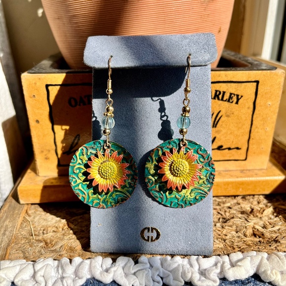 Boho Hand Painted Patina Sunflower Earrings - Bohemian Boho Earrings - OOAK - Picture 8 of 9